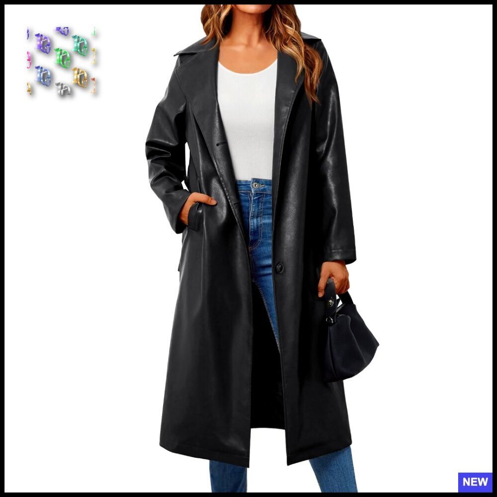 Long Faux Leather Trench Coat Classic Elegant Chic Open Front Belted